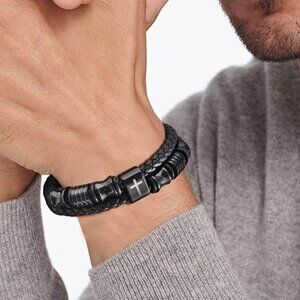 Christian Black Leather Bracelet for Men Double-Row Braided Leather-JOSHUA 1:9